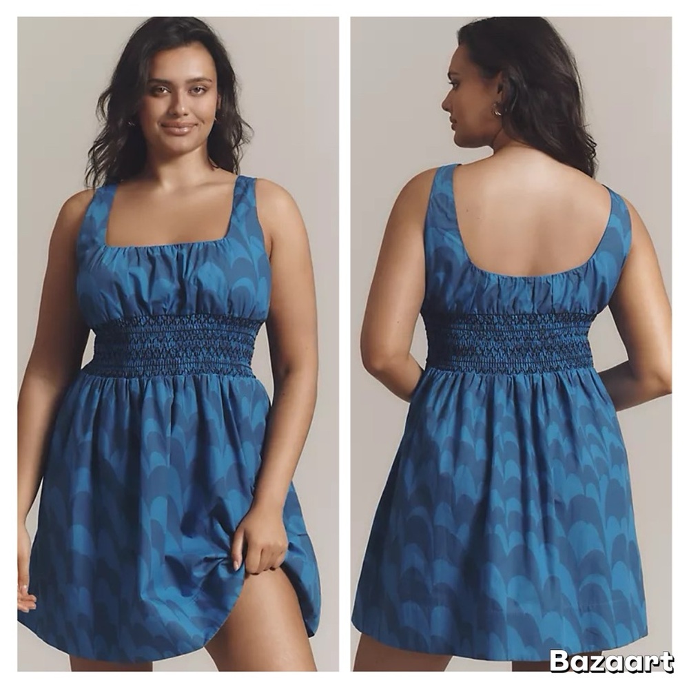 NWT Anthropologie Blue Sleeveless Smocked Square Neck Mini Dress – Size L